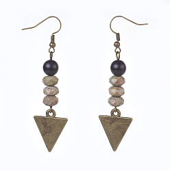 Unakite Natural Unakite and Sandalwood Beads Dangle Earrings, with Alloy Blank Tag Pendants and Brass Earring Hooks, Triangle, Antique Bronze, 69~70mm, Pendant: 57mm, Pin: 0.6mm