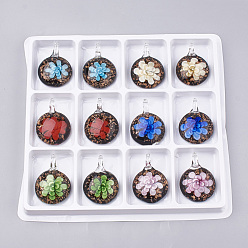 Mixed Color Handmade Gold Sand Lampwork Pendants, Inner Flower, Flat Round, Mixed Color, 45~47x35~36x15~16mm, Hole: 8mm, Box Size: 20x19.5x1.3cm, about 12pcs/box