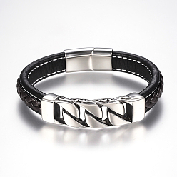 Noir Tressée PU bracelets cordon en cuir pour hommes, avec 304 accessoires en acier inoxydable et les fermoirs magnétiques, rectangle, noir, 8-5/8 pouces (220 mm)