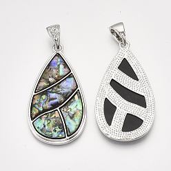 Colorful Abalone Shell/Paua Shell Big Pendants, with Alloy Findings and Resin Bottom, Teardrop, Platinum, Colorful, 54x29.5x4mm, Hole: 10x5mm