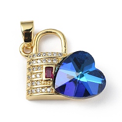 Medium Blue Real 18K Gold Plated Rack Plating Brass Micro Pave Clear Cubic Zirconia Pendants, with Glass, Long-Lasting Plated, Cadmium Free & Lead Free, Lock with Heart Charm, Medium Blue, 23x19x8mm, Hole: 5x3.2mm