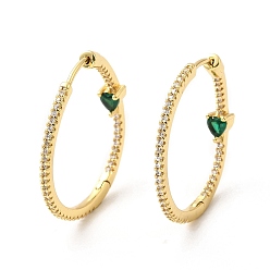 Dark Green Cubic Zirconia Heart Hoop Earrings, Real 18K Gold Plated Brass Jewelry for Women, Dark Green, 30x1.5~4.5mm, Pin: 1mm