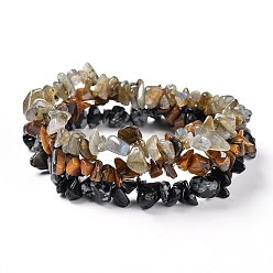 Mixed Stone Chips Natural Labradorite & Snowflake Obsidian & Tiger Eye Beaded Stretch Bracelets Sets, Stackable Bracelets, Inner Diameter: 2-1/8 inch(5.5cm), 3pcs/set