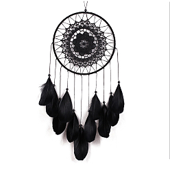 Черный Настенная подвеска в стиле макраме из хлопкового шнура в индийском стиле, железная тканая паутина/сетка с подвесками из перьев, чёрные, 500~550x200 мм