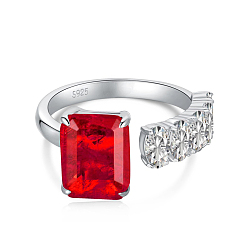Red Cubic Zirconia Rectangle Open Cuff Ring, Real Platinum Plated Rhodium Plated 925 Sterling Silver Birthstone Ring with S925 Stamp, Red, 2.1~5mm, US Size 7(17.3mm)
