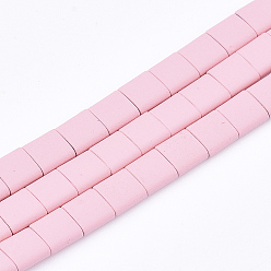 Pink Spray Painted Non-magnetic Synthetic Hematite Multi- Strand Links, For Tile Elastic Bracelets Making, Square, Pink, 5x5x2mm, Hole: 0.5mm, about 75pcs/strand, 15.7 inch