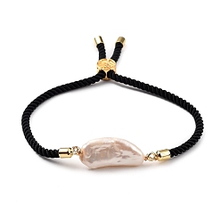 Noir Bracelets coulissants ajustables à cordon torsadé en nylon, bracelets de liaison, avec perles de keshi perle baroque naturelle et perles en laiton arbre de vie, noir, diamètre intérieur: 2-1/2 pouce (6.5 cm)