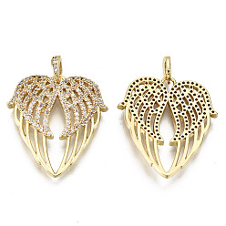 Real 16K Gold Plated Brass Micro Pave Clear Cubic Zirconia Pendants, Nickel Free, Wing Shape, Real 16K Gold Plated, 27.5x24x3mm, Hole: 4.5x2.5mm
