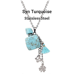 Synthetic Turquoise Synthetic Turquoise Perfume Bottle Pendant Necklace with Staninless Steel Butterfly Flower and Tassel Charms, Essential Oil Vial Jewelry for Women, 18.11 inch(46cm)