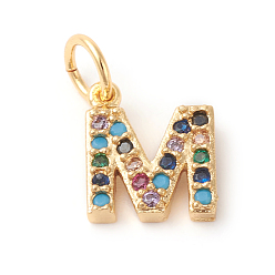 Letter M Brass Micro Pave Colorful Cubic Zirconia Charms, Golden, Letter.M, 9x8x2mm, Hole: 3mm