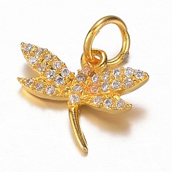 Golden Brass Micro Pave Cubic Zirconia Charms, Dragonfly, Golden, 13.5x15x3mm, Hole: 4mm