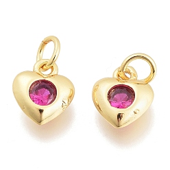 Hot Pink Brass Micro Pave Cubic Zirconia Charms, with Jump Ring, Heart, Golden, Hot Pink, 7.5x6.5x2.5mm, Hole: 1.5mm, Jump rings: 3.5x0.8mm