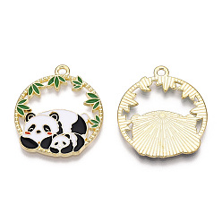White Alloy Enamel Pendants, Flat Round with Panda Charm, Real 14K Golden Plated, White, 28x25x1.5mm, Hole: 1.8mm