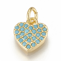 Golden Brass Micro Pave Cubic Zirconia Charms, with Jump Rings, Heart, Golden, 10x9x2mm, Hole: 3mm