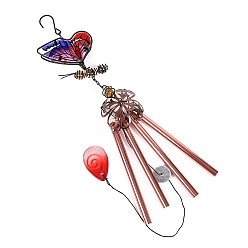 Indian Red Butterfly Wind Chime, Glass & Iron Art Pendant Decoration, with Tube, Indian Red, 700x100mm