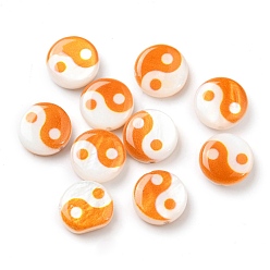 Dark Orange Printed Natural Freshwater Shell Beads, Yin Yang Flat Round Beads, Dark Orange, 8x2.5~3mm, Hole: 0.8mm