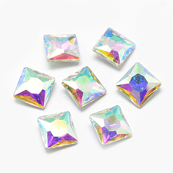 Clear AB Pointed Back Glass Rhinestone Cabochons, Back Plated, Faceted, Square, Clear AB, 8x8x3.5mm