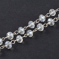 Clear Handmade Rondelle Glass Beads Chains for Necklaces Bracelets Making, with Iron Eye Pin, Unwelded, Platinum, Clear, 39.3 inch, about 88pcs/strand