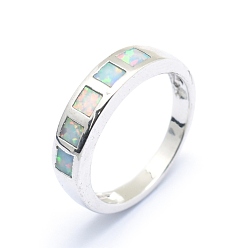Platinum Synthetic Opal Finger Rings, with Brass Findings, Long-Lasting Plated, Size 7, Aquamarine, Platinum, 17.5mm