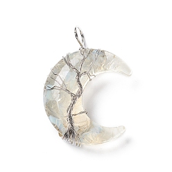 Opalite Éclats d'opalite & gros pendentifs en résine transparente, charmes lune, avec fil de laiton ton platine enroulé, sans cadmium et sans plomb, 52~53x36~37x14~16mm, Trou: 8mm