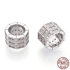 Real Platinum Plated Rhodium Plated 925 Sterling Silver Micro Pave Cubic Zirconia Beads, Octagon Column, Nickel Free, Real Platinum Plated, 9x9x6mm, Hole: 6mm