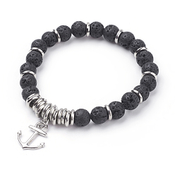 Lava Rock Natural Lava Rock Charm Bracelets, with Alloy Anchor Pendants and CCB Plastic Beads, Platinum, 2-1/8 inch(53mm)