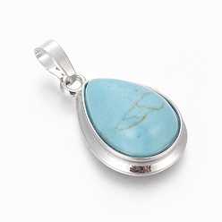 Synthetic Turquoise Synthetic Turquoise Pendants, with Brass Findings, teardrop, Platinum, 26x16~17x8~10mm, Hole: 8x5mm