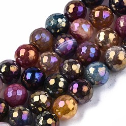 Mixed Color Natural Agate Beads Strands, Pearl Luster Plated, Faceted, Round, Mixed Color, 9~10mm, Hole: 1mm, about 37pcs/strand, 14.17 inch~14.57 inch(36~37cm)