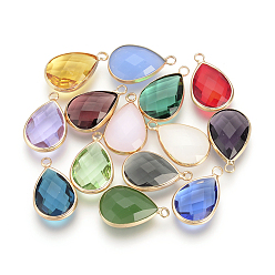 Mixed Color Glass Pendants, with Brass Findings, Faceted, Drop, Light Gold, Mixed Color, 14x7.5x4mm, Hole: 1.8~2.3mm