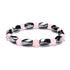 Quartz Rose Bracelets extensibles ronds en quartz rose naturel, avec perles d'hématite synthétiques non magnétiques et cordon élastique, 50mm