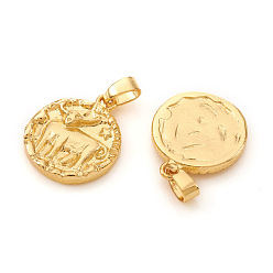 Taurus Brass Pendants, Textured, Flat Round with Constellation/Zodiac Sign, Real 18K Gold Plated, Taurus, 16.5x14x2mm, Hole: 5x2.5mm