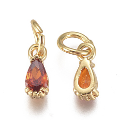 Orange Red Brass Micro Pave Cubic Zirconia Charms, with Jump Ring, Long-Lasting Plated, Real 18K Gold Plated, Faceted, Teardrop, Orange Red, 8x3x3mm, Hole: 3mm
