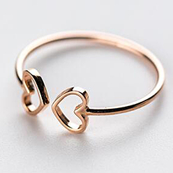 Rose Gold Sterling Silver Double Heart Open Cuff Ring for Women, Rose Gold, Inner Diameter: 16~17mm