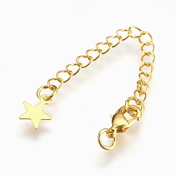 Real 18K Gold Plated Brass Chain Extender, with Lobster Claw Clasps, Cadmium Free & Nickel Free & Lead Free, Long-Lasting Plated, Star, Real 18K Gold Plated, 70~75x3mm, Hole: 2.5mm, Clasps: 10x6x3mm