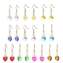 Mixed Color 10 Pair 10 Color Glass Heart Dangle Earrings, Golden 304 Stainless Steel Drop Earrings, Mixed Color, 33x10mm, 1 Pair/color