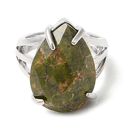 Unakita Anillos ajustables en forma de lágrima de unakita natural, anillo de latón platino, sin plomo y el cadmio, tamaño de EE. UU. 7 (17.3 mm)