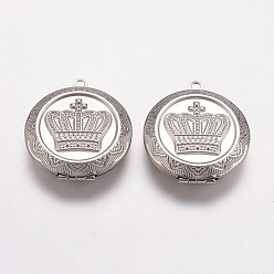 Stainless Steel Color 304 Stainless Steel Locket Pendants, Flat Round with Crown, Stainless Steel Color, 31x36x9mm, Hole: 2mm