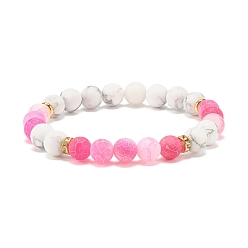 Hot Pink Natural Weathered Agate(Dyed) & Howlite Round Beaded Stretch Bracelet, Gemstone Jewelry for Women, Hot Pink, Inner Diameter: 2-1/4 inch(5.6cm)