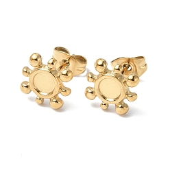 Real 18K Gold Plated Ion Plating(IP) 304 Stainless Steel Stud Earring Findings, Sun with Round Tray Earring Settings, with Ear Nuts, Real 18K Gold Plated, Tray: 4mm, 10x10mm, Pin: 0.7mm