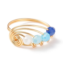 Blue Glass Braided Vortex Finger Ring, Golden Copper Wire Wrap Jewelry for Women, Blue, US Size 8(18.1mm)