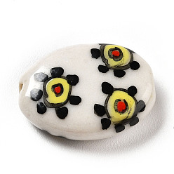 White Handmade Printed Porcelain Beads, Oval with Sun Pattern, White, 18x14.5x5mm, Hole: 1.6mm