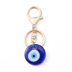 Doré  Porte-clés mauvais œil fait à la main, avec porte-clés en alliage, plat rond, bleu, or, 8.7 cm