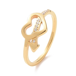 Golden Crystal Rhinestone Heart with Arrow Finger Ring, Ion Plating(IP) 304 Stainless Steel Jewelry for Women, Golden, US Size 5 1/2~9(16.1~18.9mm)