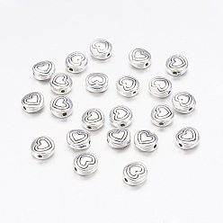 Antique Silver Tibetan Style Alloy Beads, Flat Round with Heart, Antique Silver, Lead Free & Cadmium Free, 6x6x3mm, Hole: 1.5mm