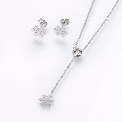 Stainless Steel Color 304 Stainless Steel Jewelry Sets, Stud Earrings and Pendant Necklaces, with Rhinestone, Snowflake, Stainless Steel Color, 16.54 inch(42cm), 10.5x9x1mm, Pin: 0.8mm