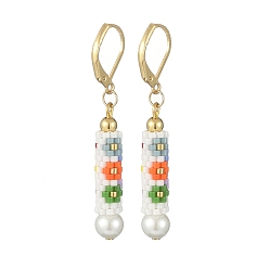 Colorful Glass Seed Braided Column with Flower Dangle Leverback Earrings, Golden 304 Stainless Steel Long Drop Earrings for Women, Colorful, 47mm, Pin: 1x0.6mm