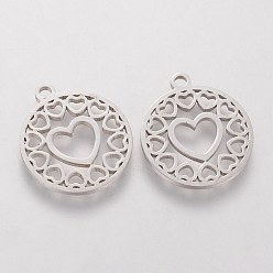 Stainless Steel Color 201 Stainless Steel Pendants, Flat Round with Heart, Stainless Steel Color, 18x16x1.1mm, Hole: 1.5mm