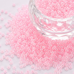 Pink 12/0 Imitation Jade Glass Seed Beads, Opaque Colours Luster, Round, Pink, 2x1.5mm, Hole: 1mm, about 40000pcs/Pound
