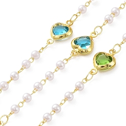 Real 18K Gold Plated Colorful Glass Heart Link Chains with ABS Plastic Pearl Beaded, with Brass Findings, Soldered, with Spool, Real 18K Gold Plated, 12.5x7.5x3mm, about 32.81 Feet(10m)/Roll