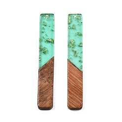 Turquoise Grands pendentifs en résine transparente et bois de noyer, une feuille d'or, charme rectangle, turquoise, 51.5x7.5x3mm, Trou: 1.8mm
